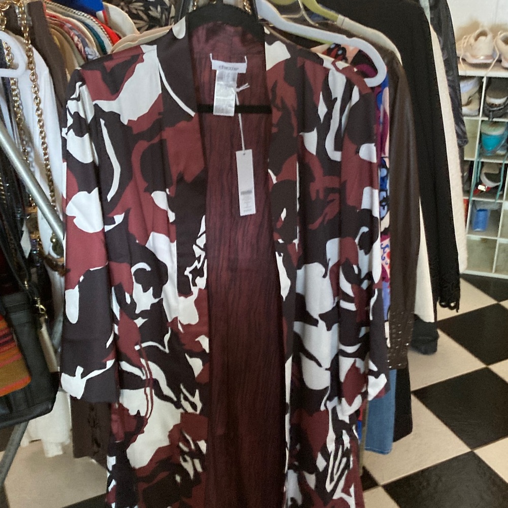 Chico's Brown Black Marrakech Long Kimono Sz 2 Large Lined Pockets NWT